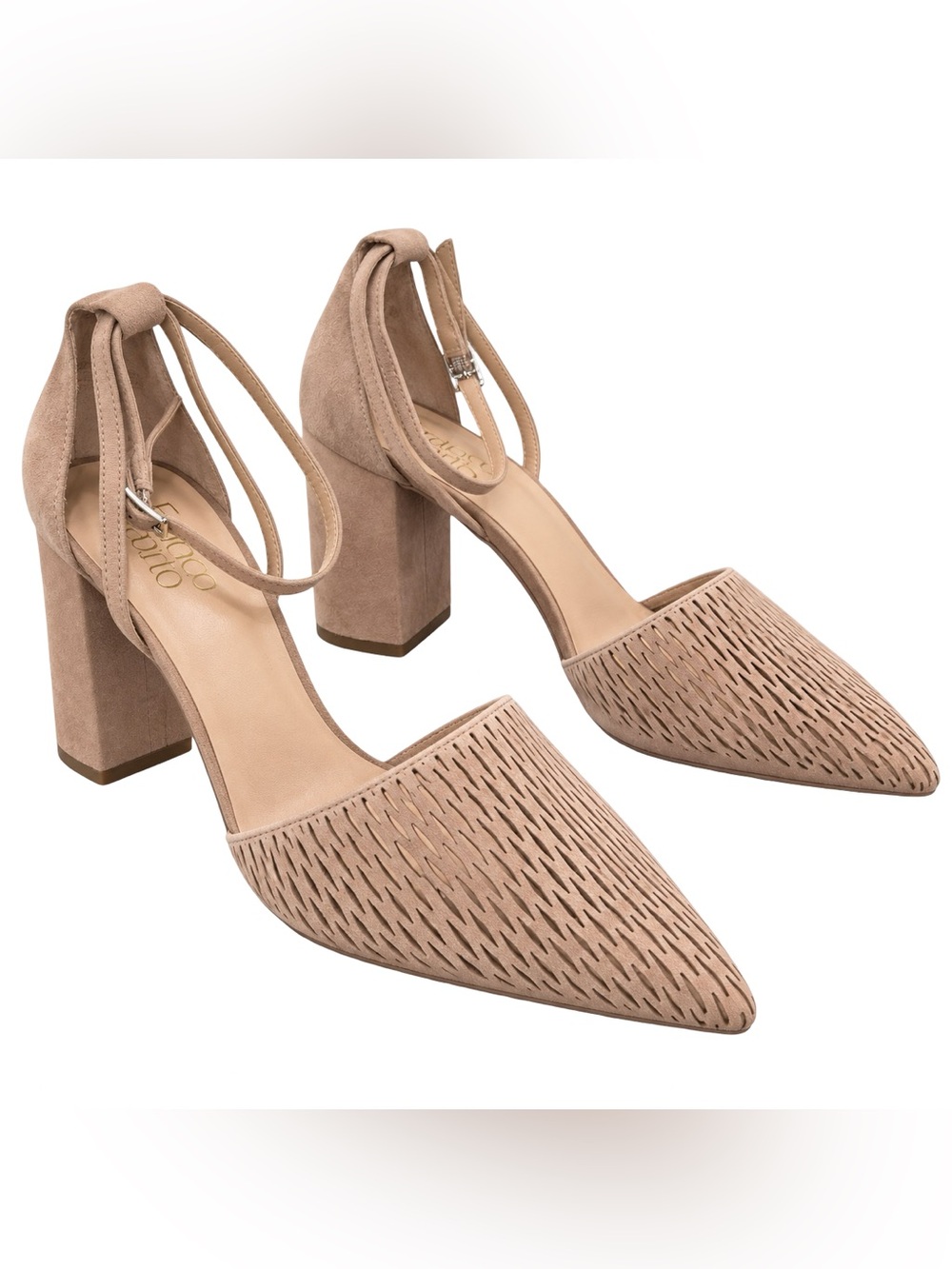 NWOB Franco Sarto Perry Taupe Suede Laser Cut Block Heel Pumps 8.5M